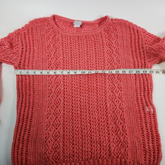 Chico’s Open Stitch Pullover Coral Pink Sweater Size SP Long Sleeve Lightweight - Picture 9 of 11